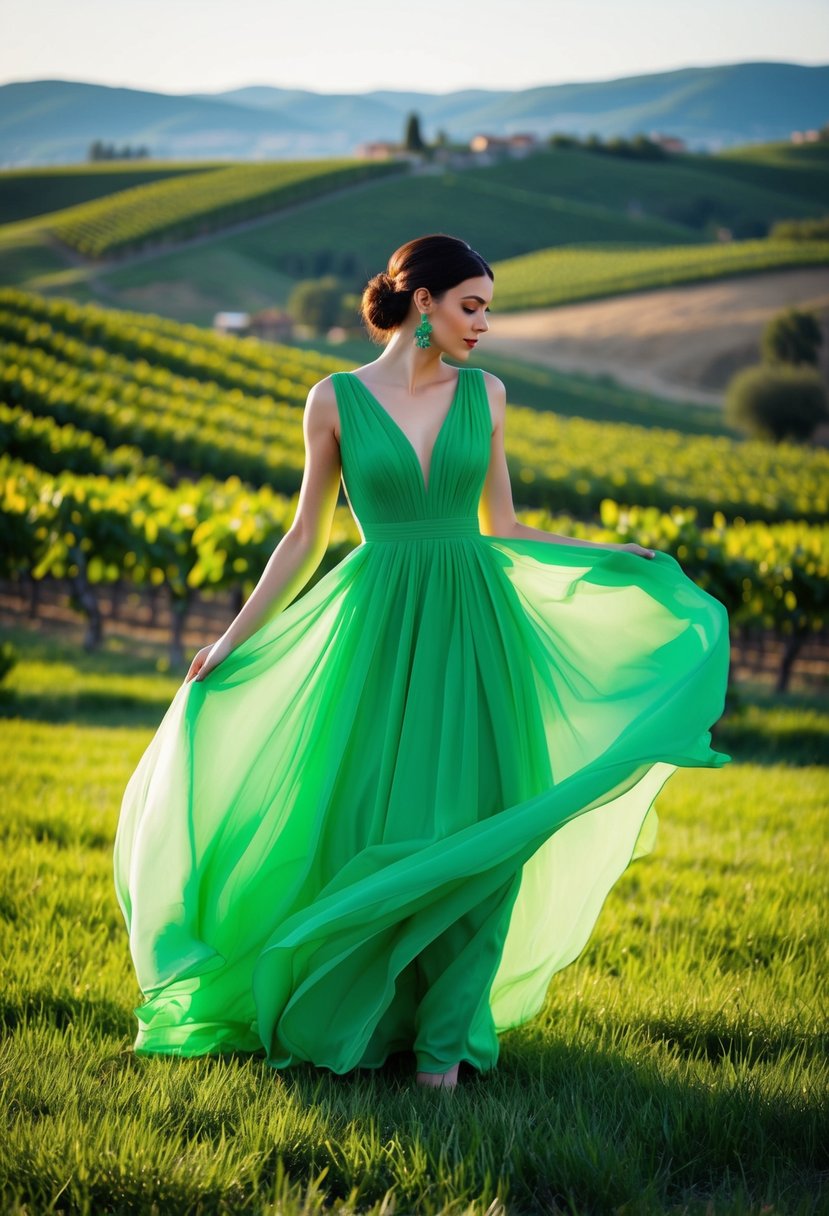 A flowing, vibrant green dress against a backdrop of Italian countryside, with rolling hills and vineyards, creating a stunning visual impact