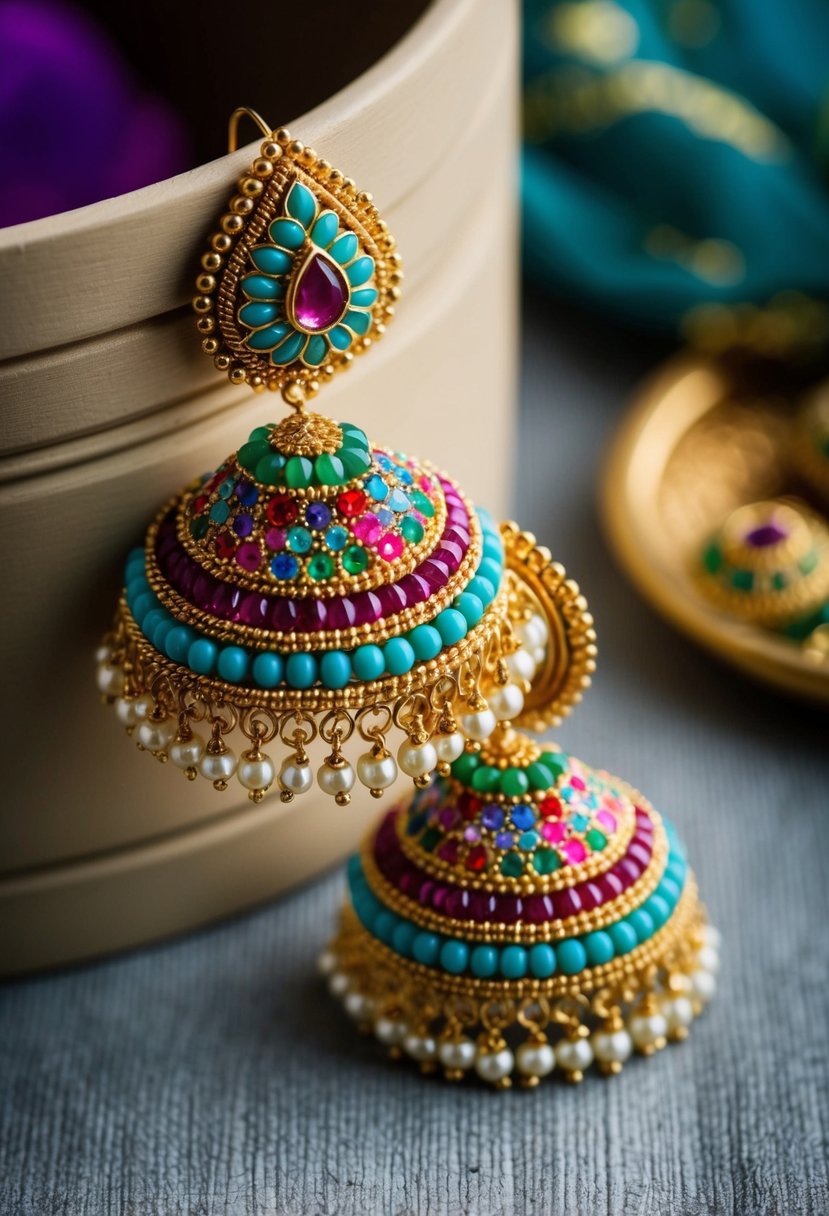 Intricately designed Gota Patti earrings with colorful beads and delicate patterns, inspired by traditional Indian bridal jewelry