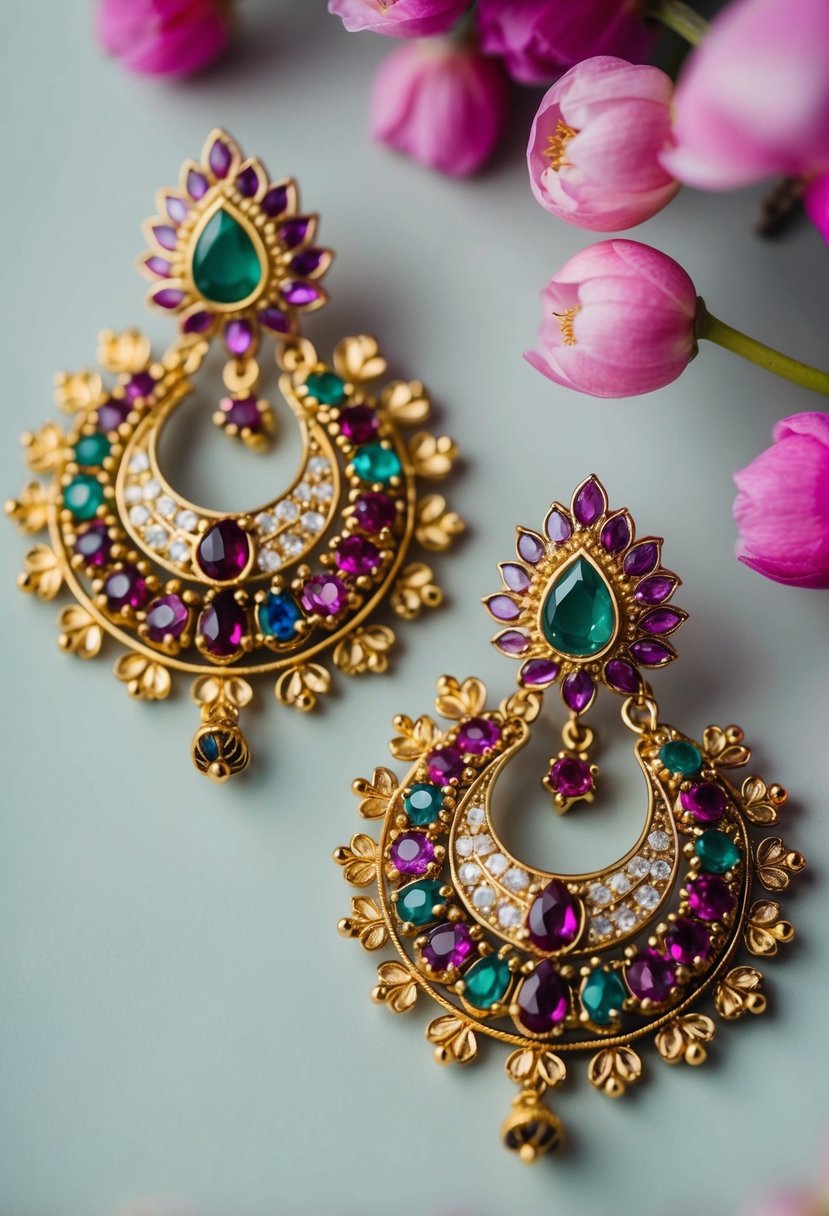 A pair of intricate, gold floral earrings adorned with colorful gemstones, inspired by traditional Indian bridal jewelry