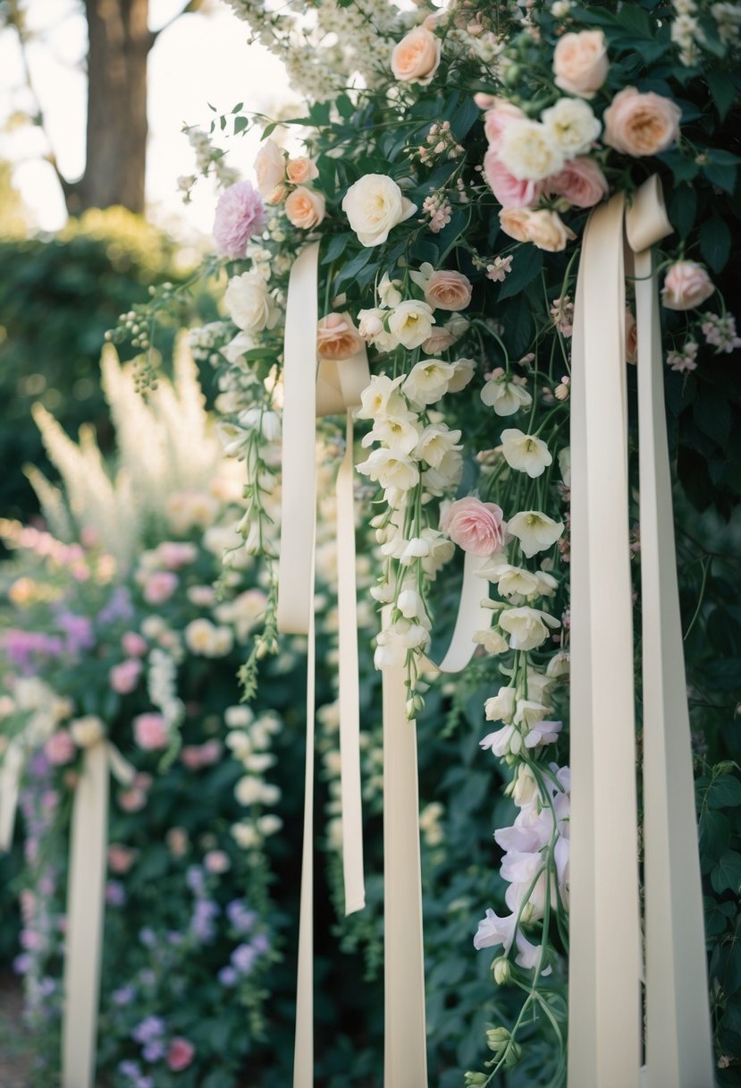 A garden filled with cascading flowers and flowing ribbons, with a soft, ethereal light filtering through the trees