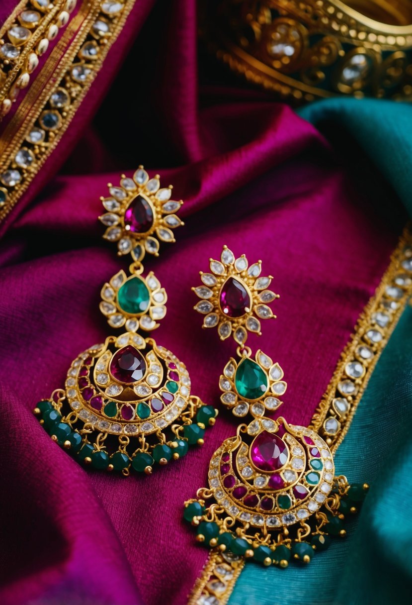 A pair of ornate gold and gemstone earrings, inspired by traditional Indian bridal jewelry, dangle elegantly against a richly colored fabric backdrop