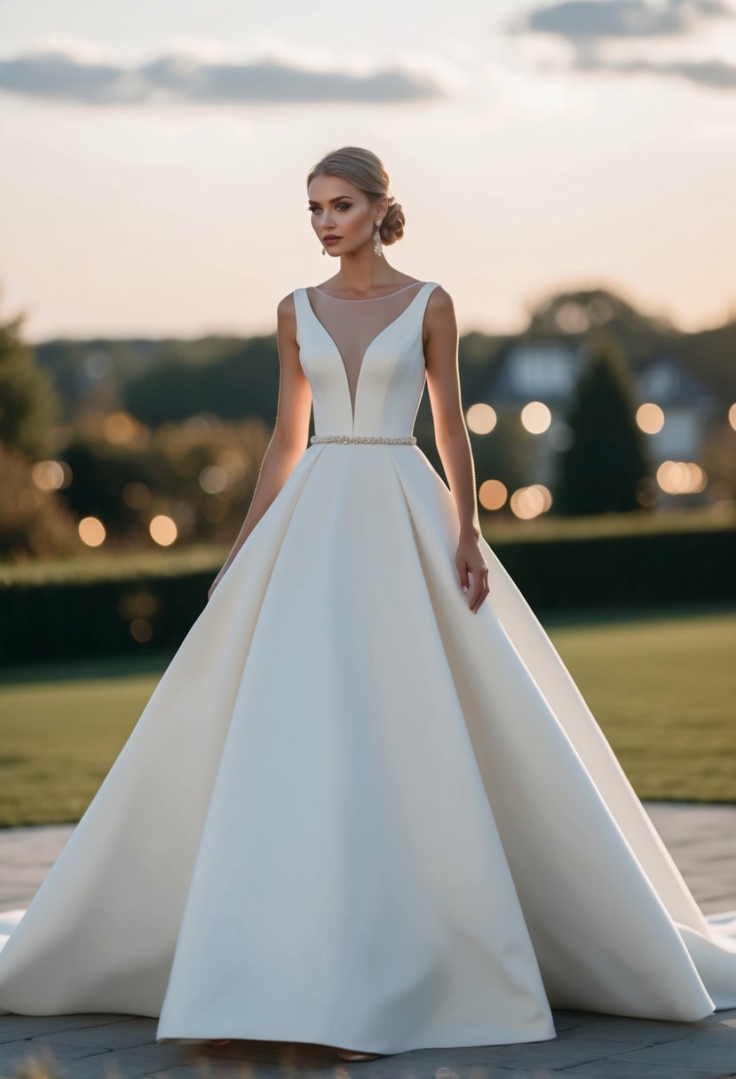 A modern, elegant wedding dress design with clean lines and subtle details