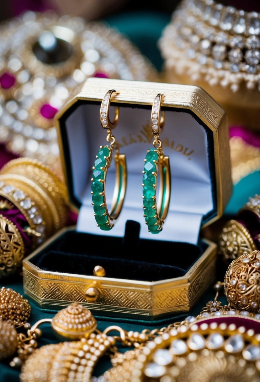 A pair of emerald stud hoops hang delicately from a gold jewelry box, surrounded by intricate Indian bridal accessories