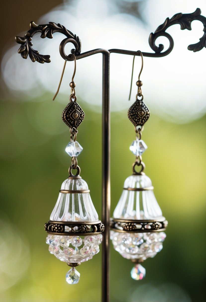 A pair of intricate glass Kaan chain earrings dangle from a delicate stand, catching the light with their shimmering beauty