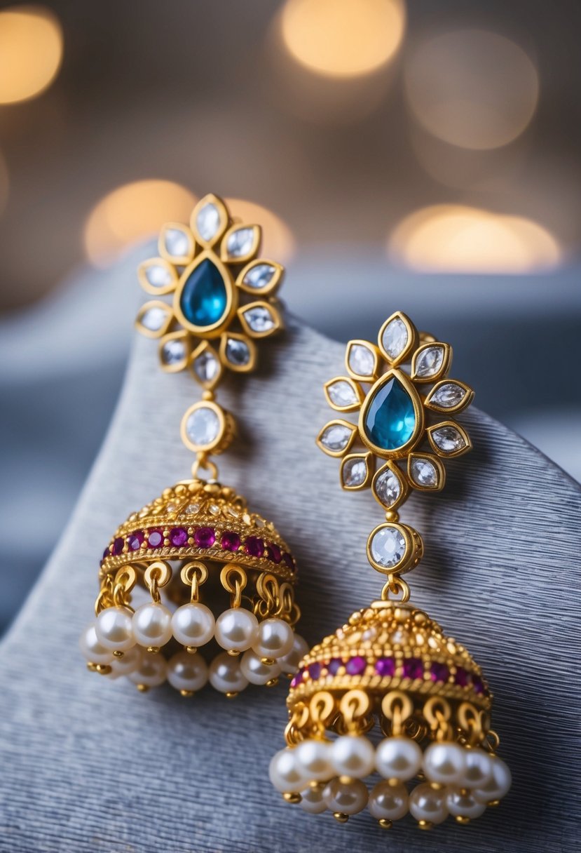 A pair of South Sea pearl dangle earrings, inspired by Indian bridal jewelry, featuring intricate gold and gemstone details