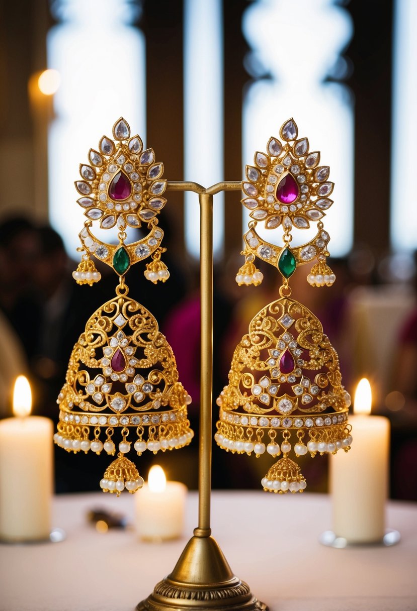 A pair of ornate Jadau earrings, featuring intricate gold and gemstone designs, gleam under the soft glow of candlelight at an Indian wedding ceremony