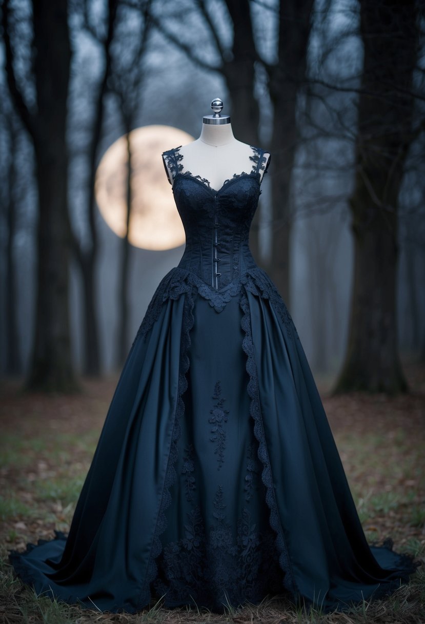 A dark, ornate wedding dress with lace, corset, and flowing skirt, set against a backdrop of a misty, moonlit forest