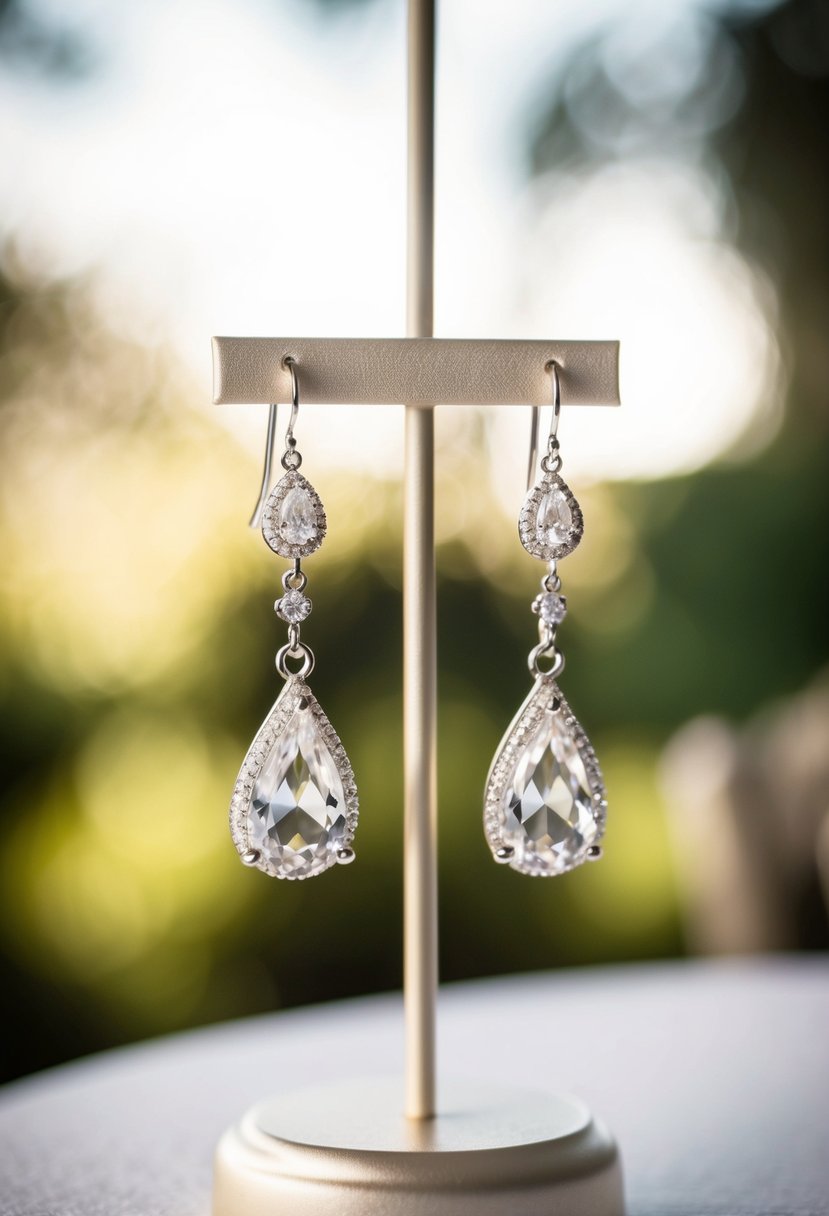 A pair of elegant teardrop-shaped wedding earrings suspended from a delicate display stand, catching the light in a romantic setting