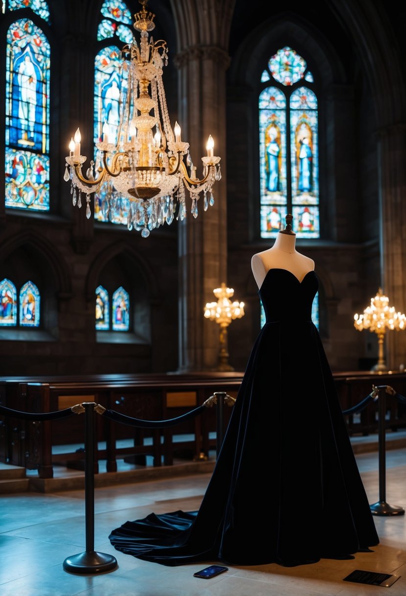 A dimly lit cathedral with ornate stained glass windows, a grand chandelier, and a black velvet gown displayed on a mannequin