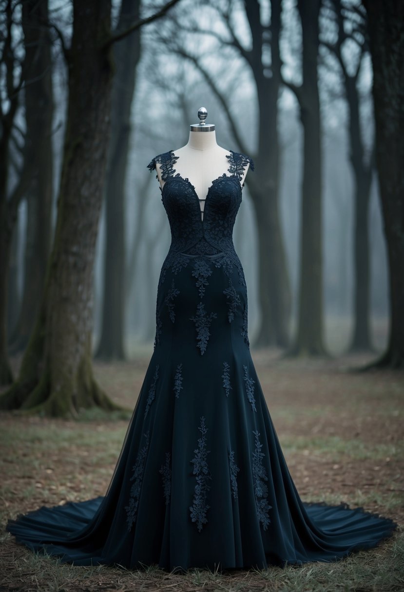 A dark, gothic wedding dress with intricate lace appliqué, set against a backdrop of eerie, misty woods