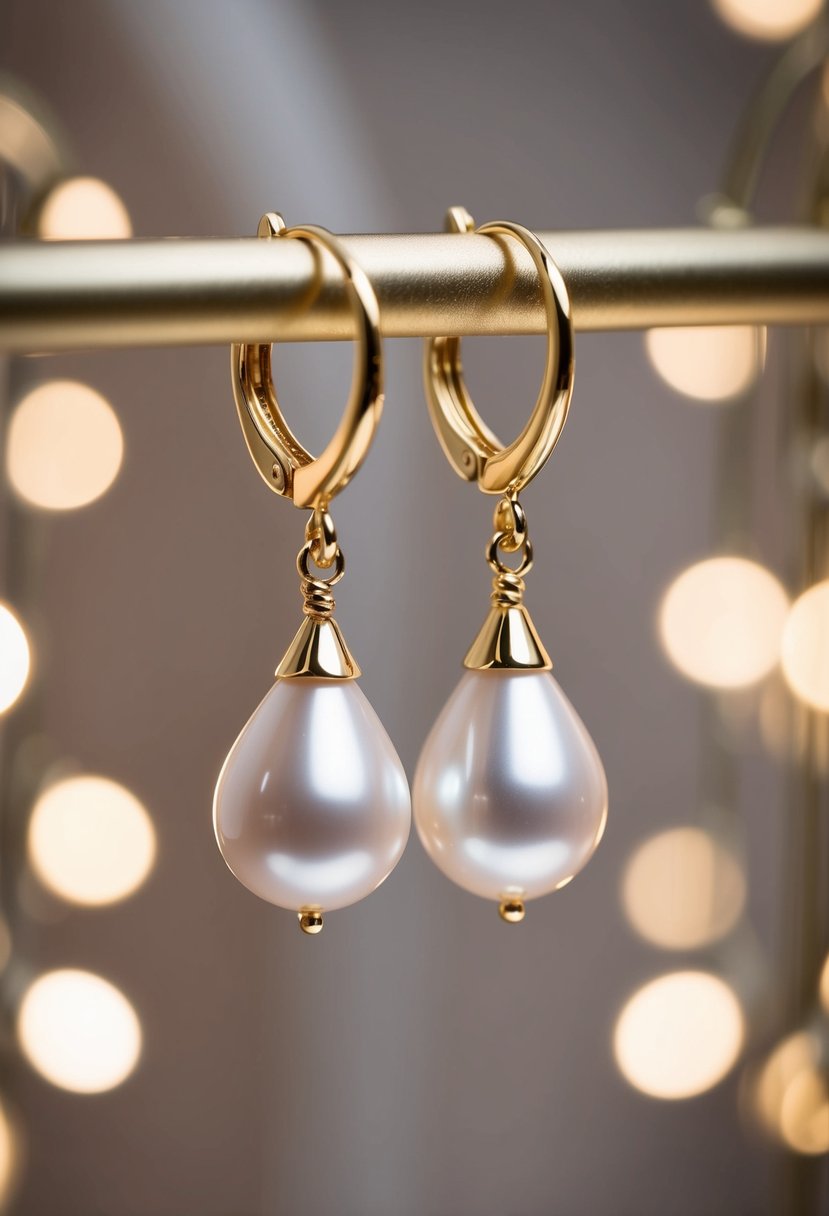 Two gold teardrop pearl earrings hanging from a jewelry display, surrounded by soft, romantic lighting