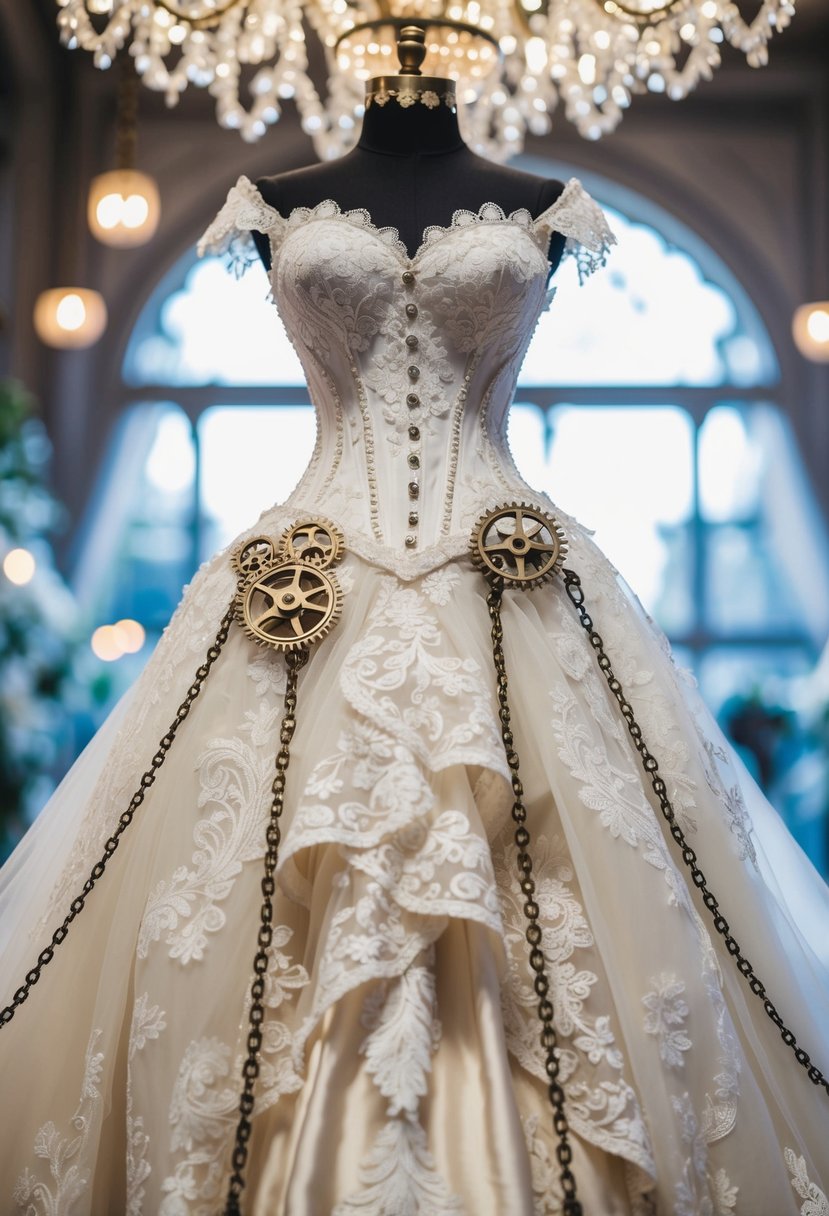 A grand, ornate wedding dress adorned with intricate lace, corseted bodice, and cascading layers of tulle and silk, accented with brass gears and chains