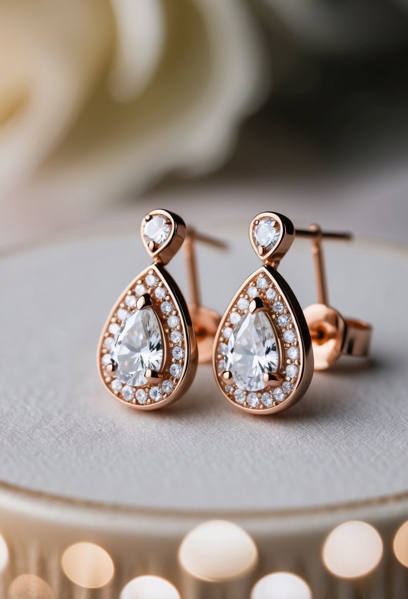 A pair of elegant teardrop-shaped earrings with rose gold and sparkling cubic zirconia stones, perfect for a wedding