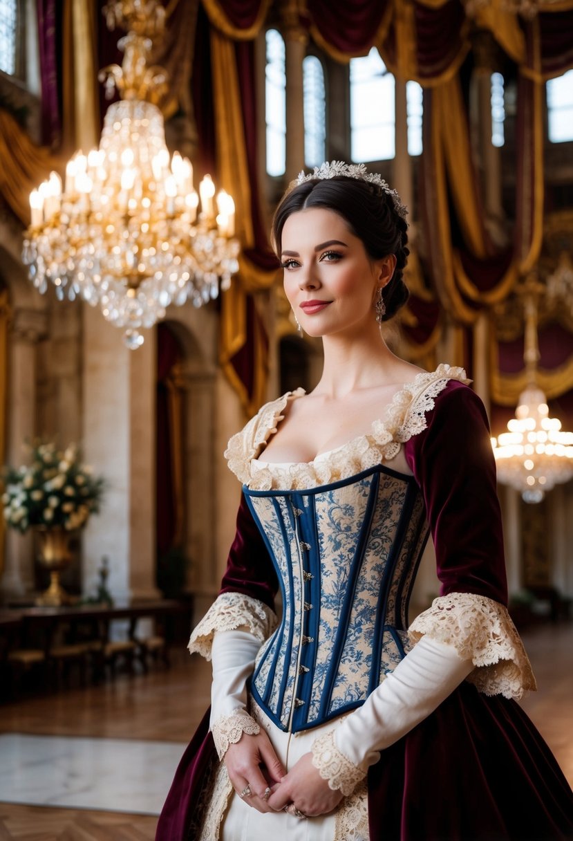 A grand hall with ornate chandeliers, draped in rich fabrics, adorned with intricate lace and velvet details, showcasing a Renaissance corset dress