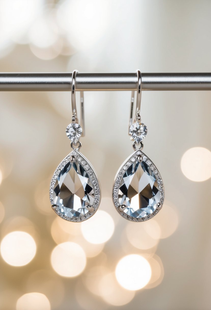 A pair of silver teardrop crystal dangle earrings hanging from a jewelry stand, catching the light and sparkling in a soft, romantic setting