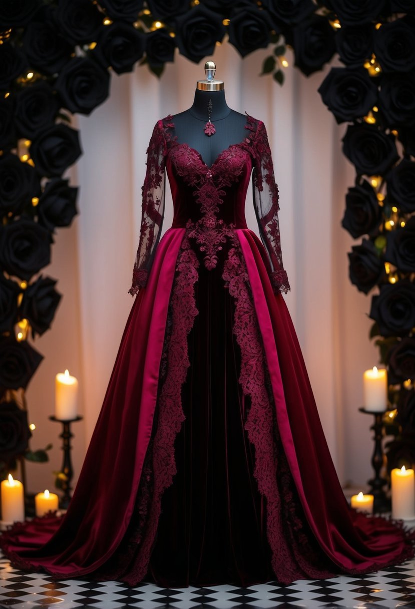 A dark, gothic wedding dress in crimson red, adorned with lace, velvet, and dramatic details, set against a backdrop of black roses and flickering candlelight