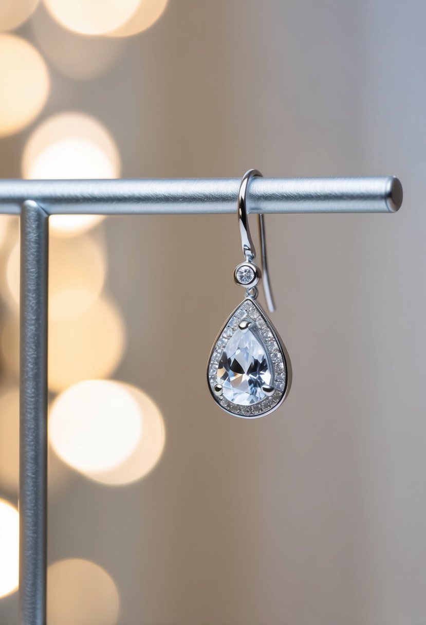 A delicate teardrop earring dangles from a display stand, catching the light with its shimmering cubic zirconia stones