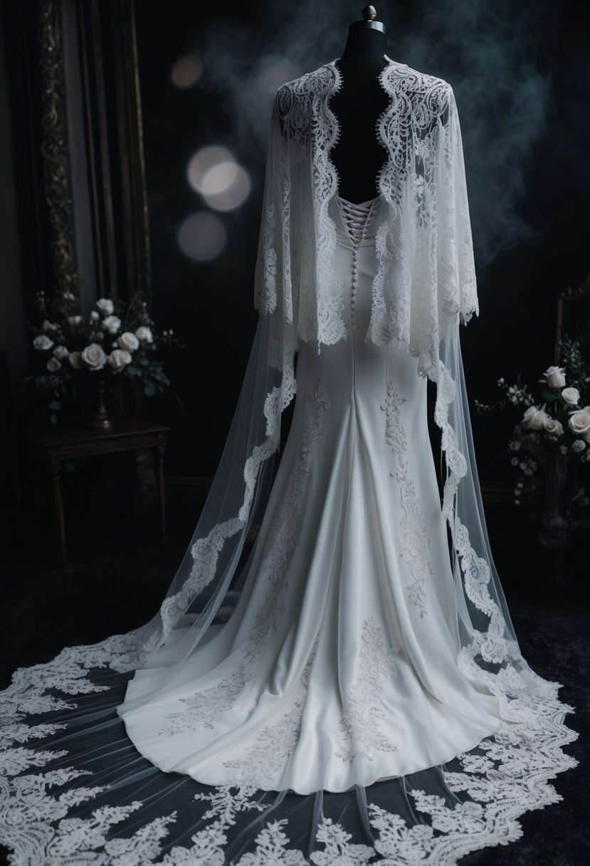 An ornate lace cape gown drapes over a gothic-inspired wedding setting, with dark, intricate details and a dramatic, romantic atmosphere