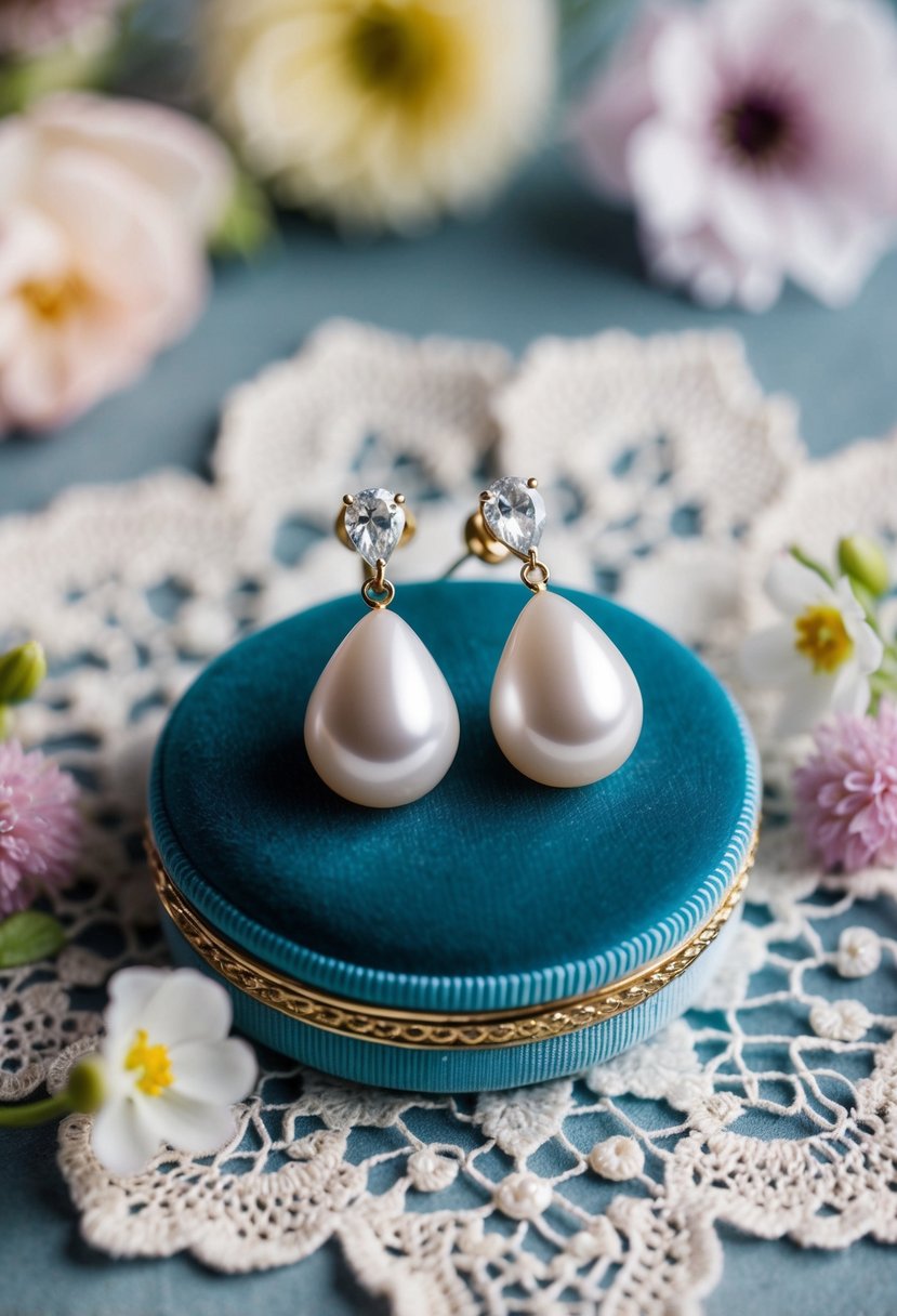 A pair of elegant teardrop pearl earrings resting on a velvet cushion, surrounded by delicate lace and floral accents