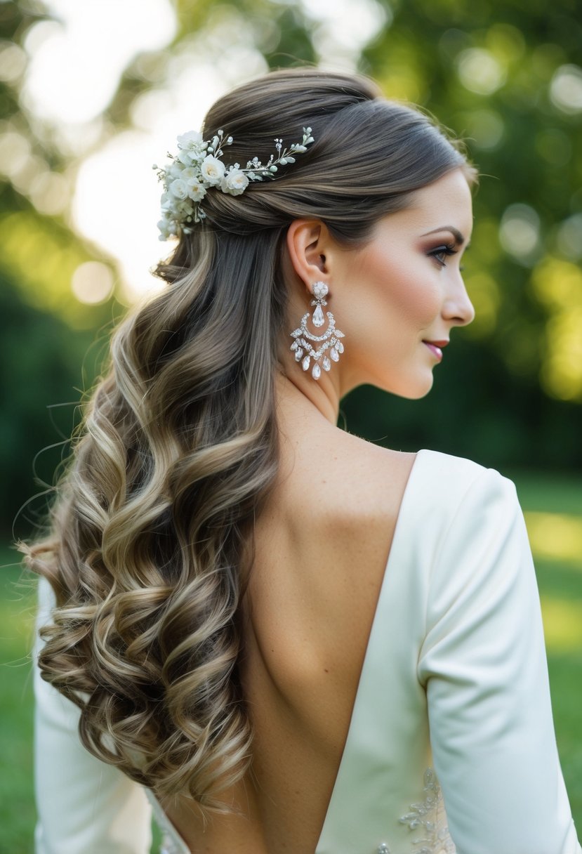 A bride's long hair adorned with elegant wedding earrings