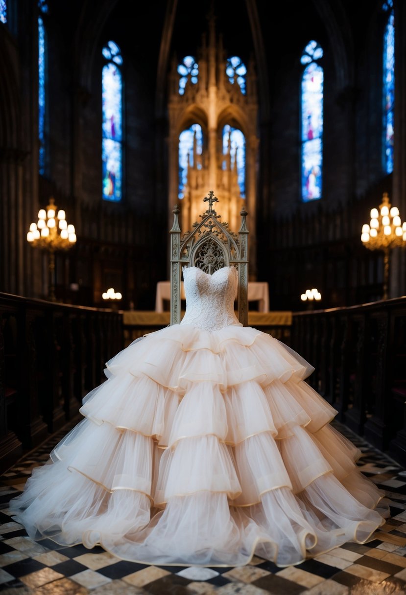 A dimly lit, gothic cathedral with a hauntingly beautiful tulle tiered gown draped over an ornate, antique chair