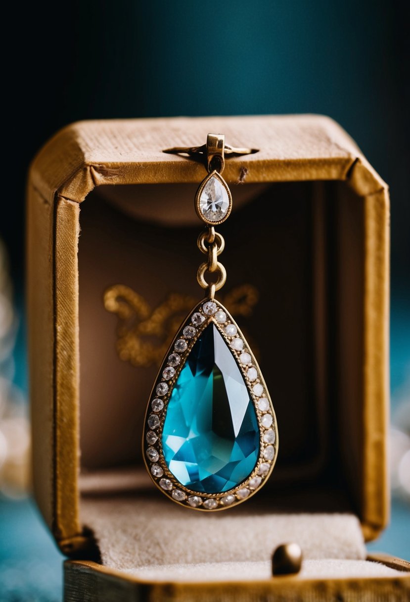 A vintage-inspired teardrop earring dangling from an antique jewelry box