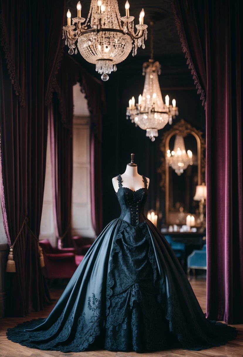 A dimly lit room with ornate chandeliers and heavy velvet curtains. A mannequin adorned in a black lace and silk Victorian ball gown with intricate gothic details