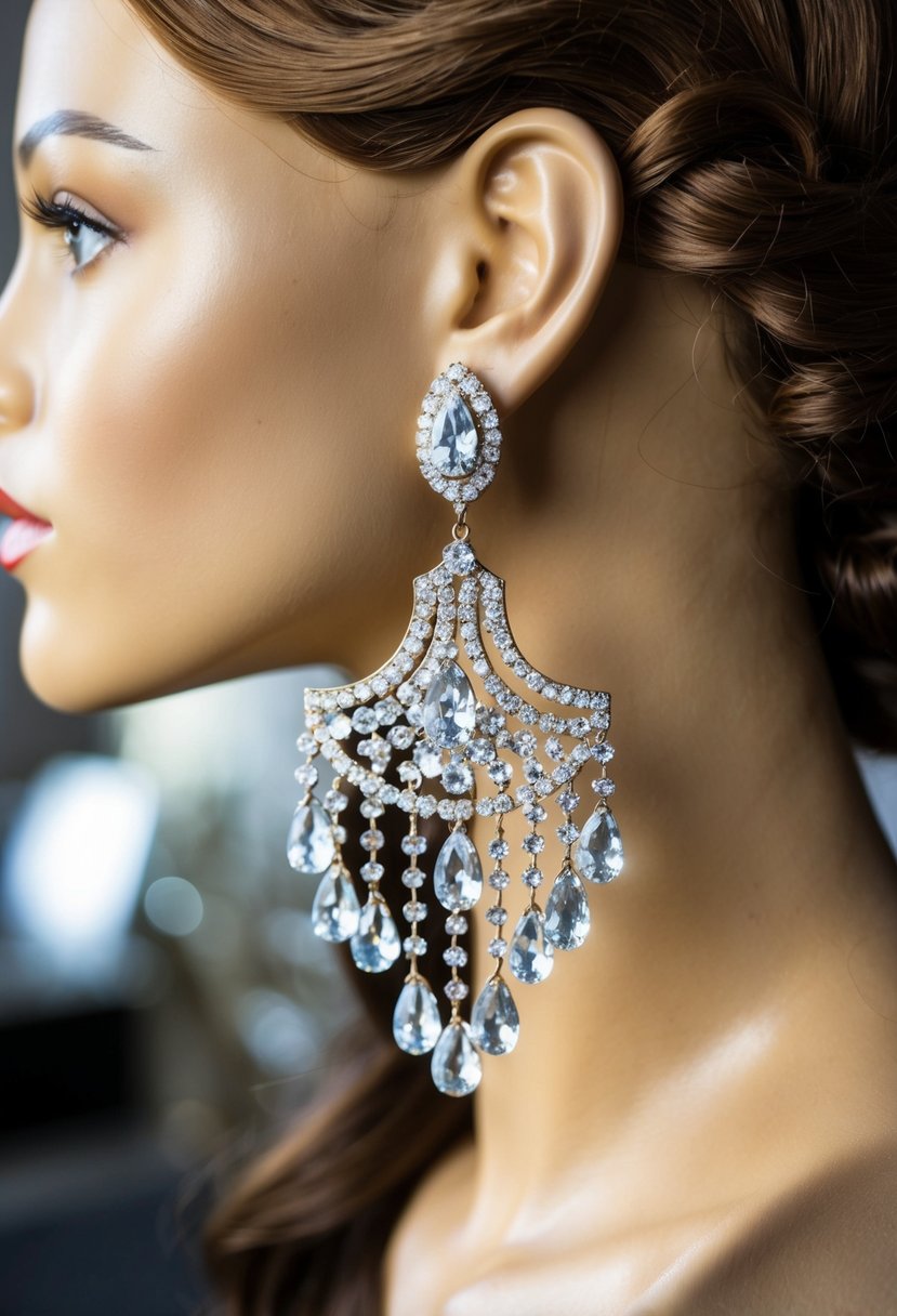 A sparkling chandelier earring dangles from a mannequin's ear, catching the light and adding glamour to an elegant updo