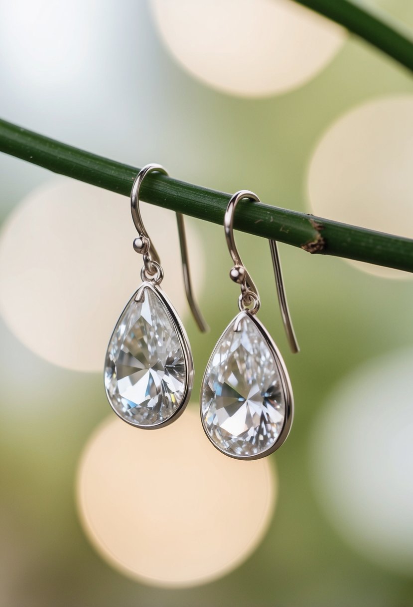 A close-up of elegant teardrop bridal earrings against a soft, blurred background