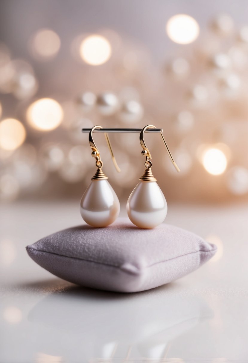 A delicate pair of teardrop earrings with ivory pearls, resting on a velvet cushion against a soft, romantic background