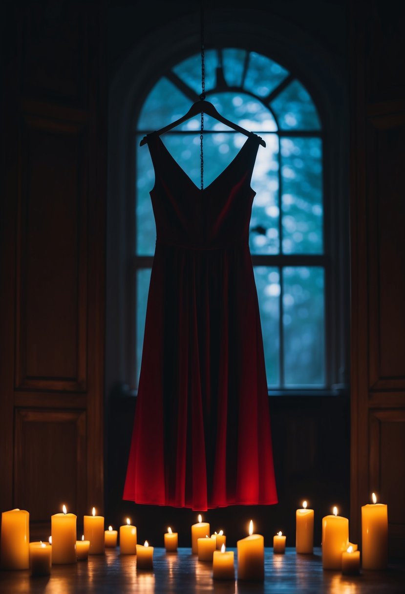 A lone dark red dress hangs in a dimly lit room, surrounded by flickering candles and ominous shadows