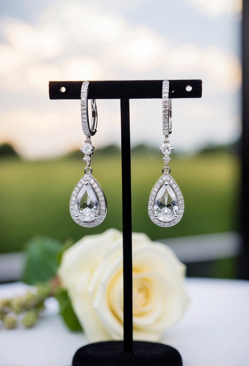 A pair of teardrop earrings with diamond accents, hanging elegantly from a display stand, with a soft focus background of a wedding setting