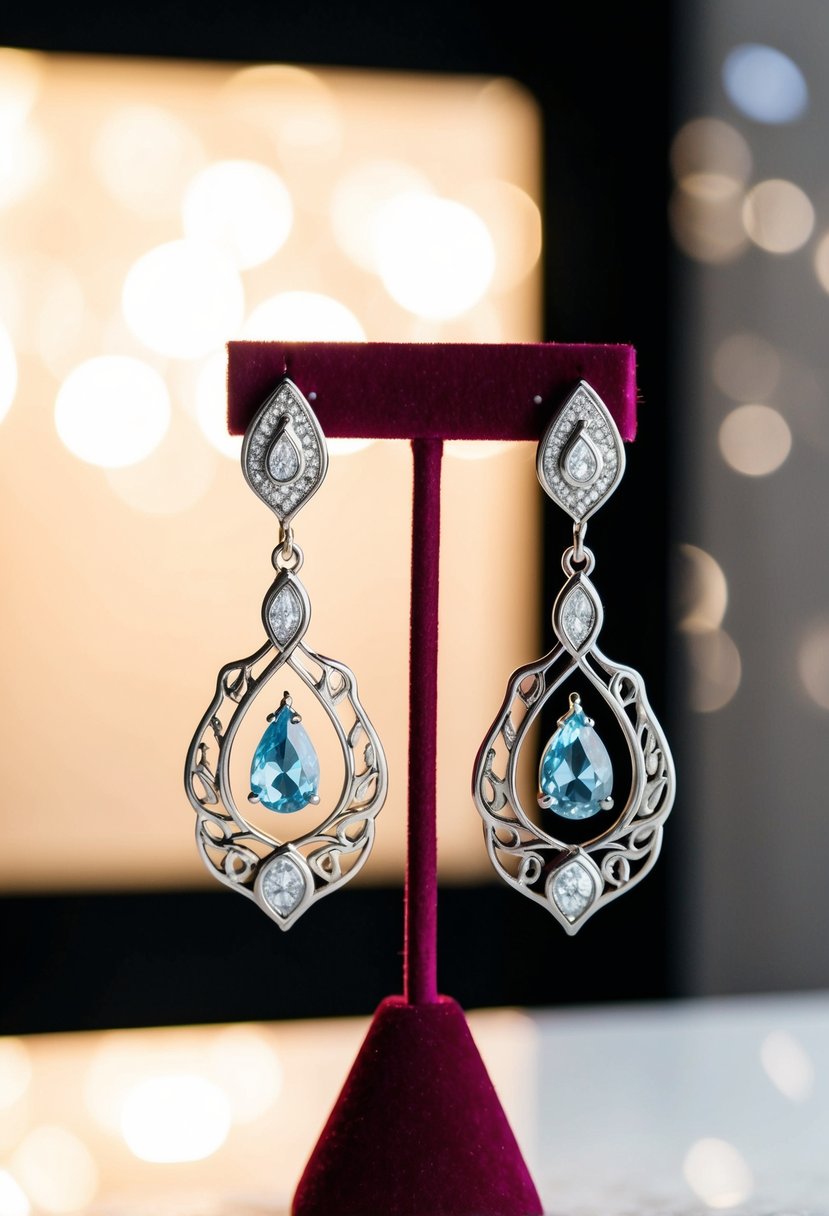 A pair of teardrop earrings with intricate designs and customizable gemstones, displayed on a velvet jewelry stand