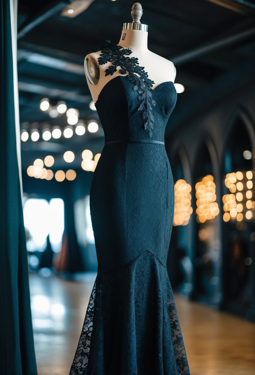 A black lace mermaid dress draped over a gothic-style mannequin