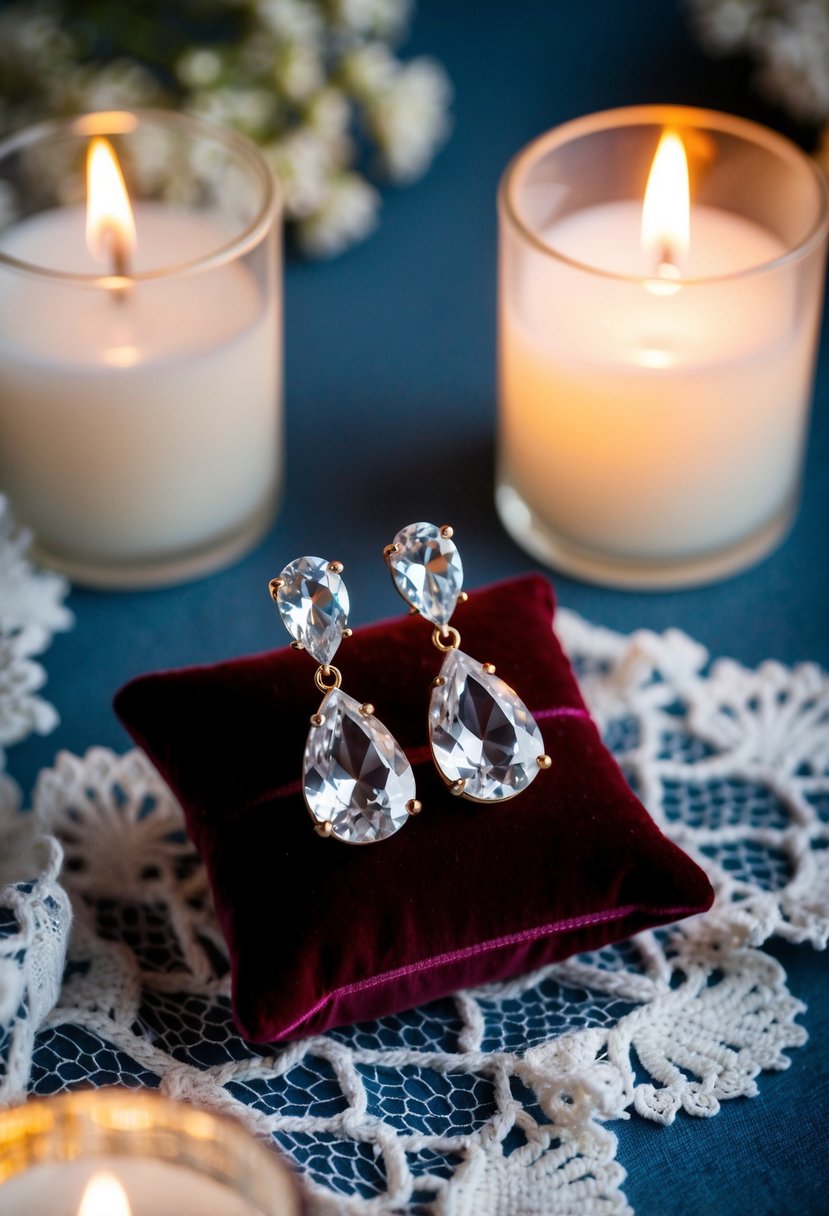 Lalacrystal teardrop earrings on a velvet cushion, surrounded by soft candlelight and delicate lace