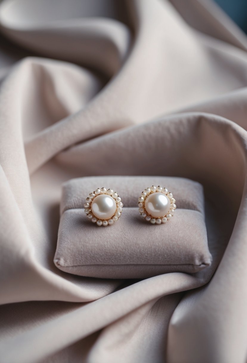 Two delicate pearl studs on a velvet cushion, surrounded by soft, flowing fabric