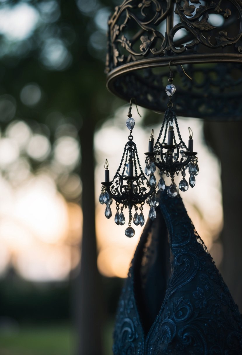 A gothic chandelier earrings hanging from a dark, ornate wedding dress