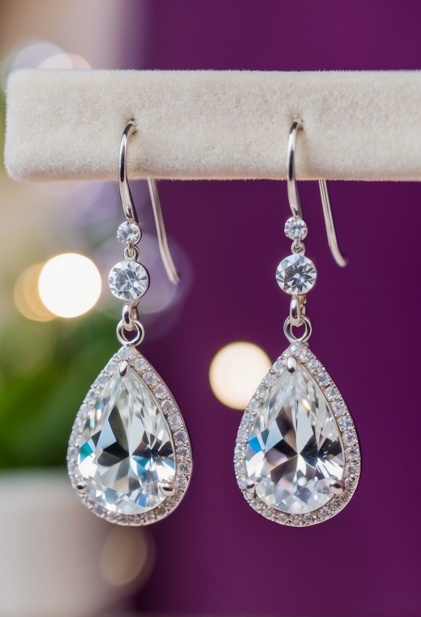 A sparkling pair of teardrop wedding earrings dangle from a velvet jewelry display, catching the light with their elegant design