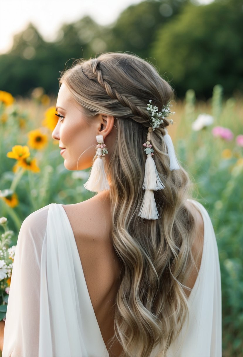 A rustic outdoor wedding setting with long, flowing hair adorned with boho tassel earrings. Wildflowers and greenery in the background