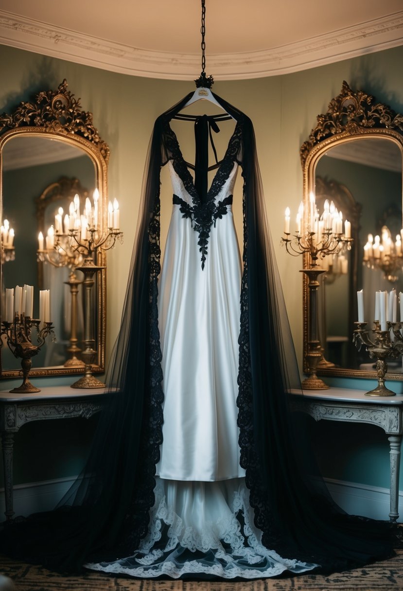 A vintage black veil gothic wedding dress hangs in a dimly lit, ornate Victorian-style dressing room, surrounded by antique mirrors and candelabras