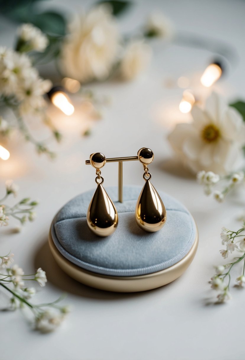 A pair of chic gold teardrop earrings displayed on a velvet cushion, surrounded by soft lighting and delicate floral accents