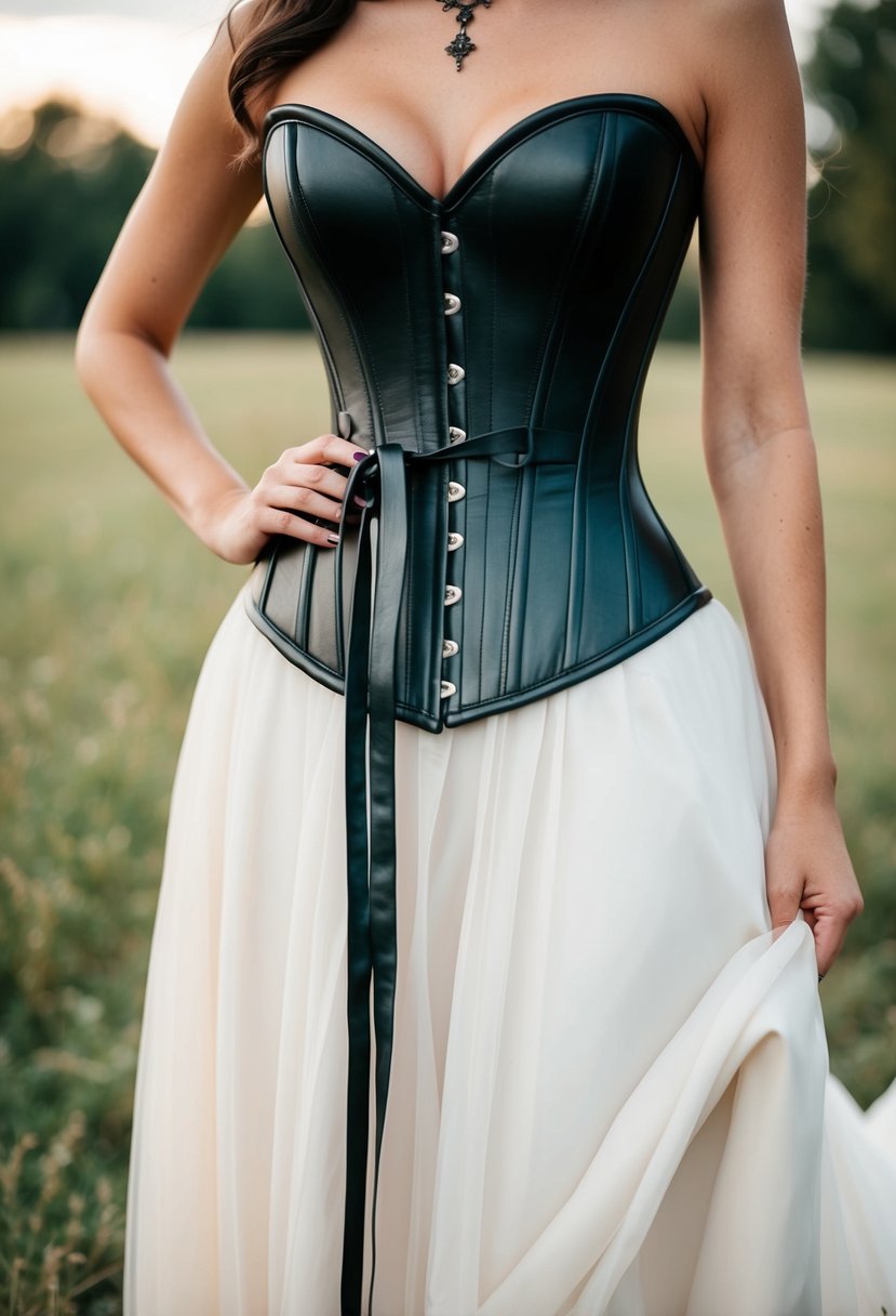 A black leather corset accents a flowing gothic wedding dress