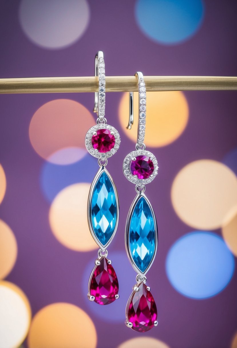 A pair of long, dangling earrings featuring vibrant colored gemstone drops, exuding bold and elegant style