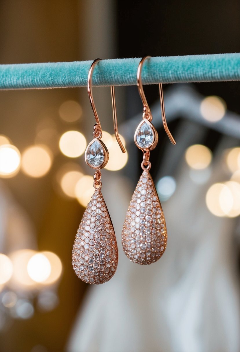 Shimmering rose gold teardrop earrings dangle from a velvet display, catching the light in a bridal boutique