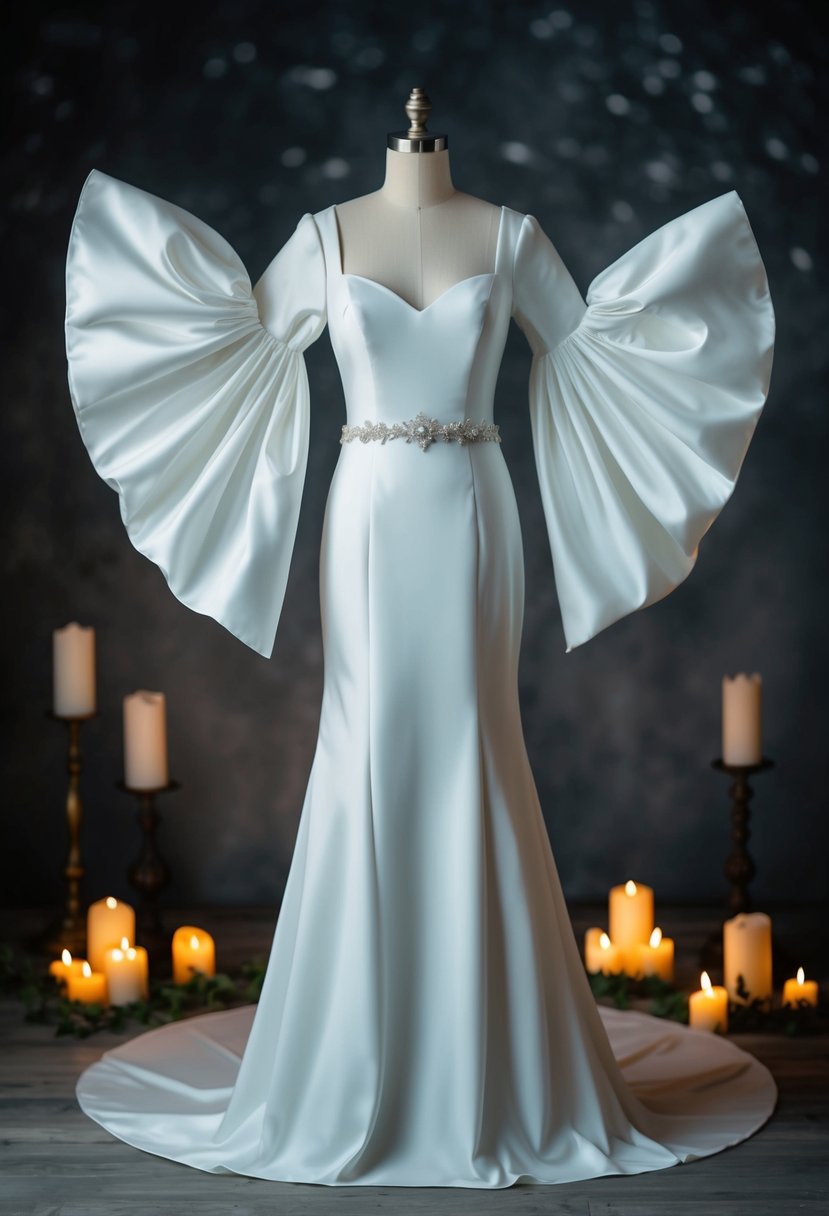 A gothic wedding dress with dramatic bishop sleeves billowing out, set against a moody, candlelit backdrop