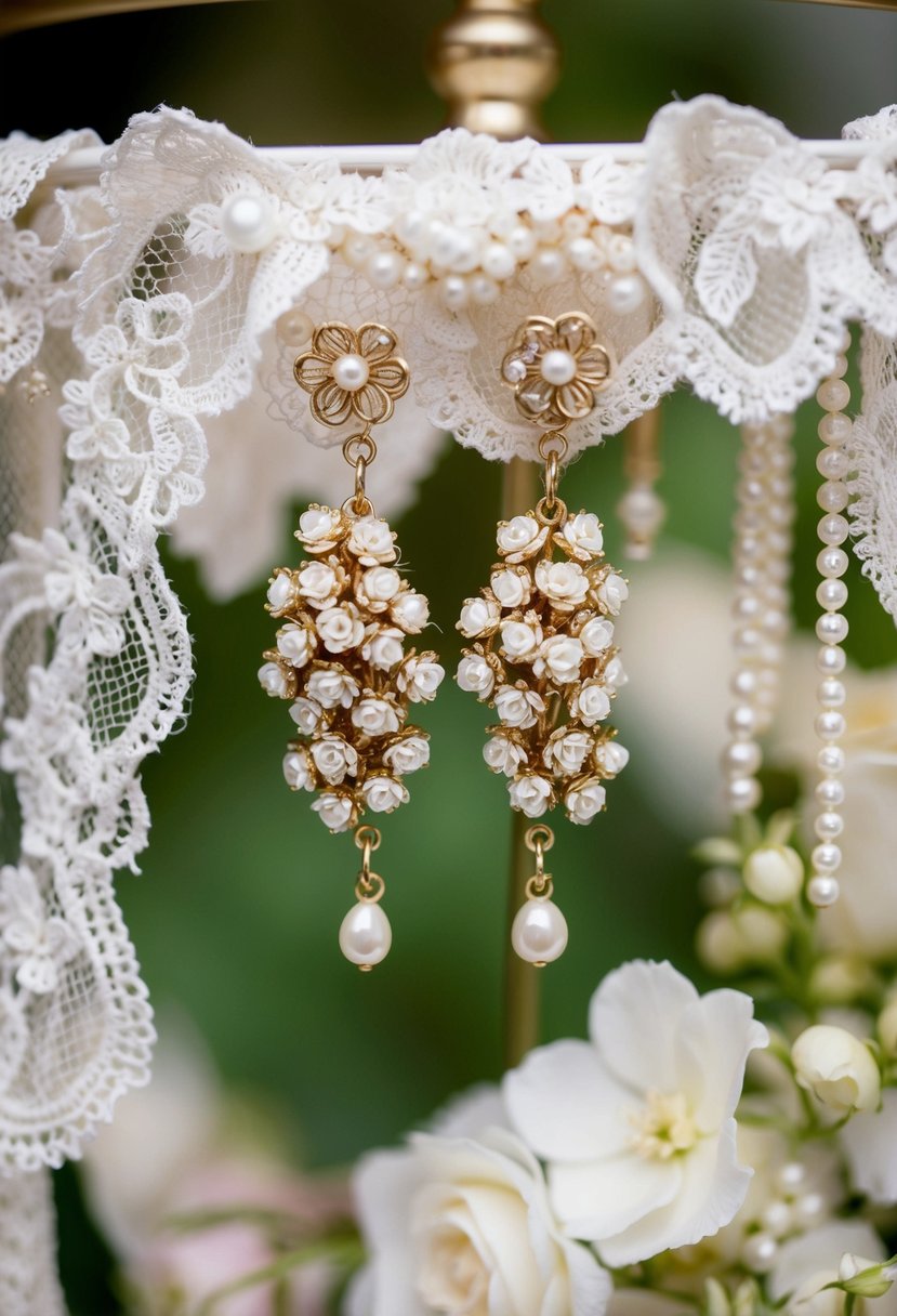 A pair of vintage-inspired floral cluster earrings dangle from a display, surrounded by delicate lace and pearls, evoking a romantic and elegant wedding aesthetic