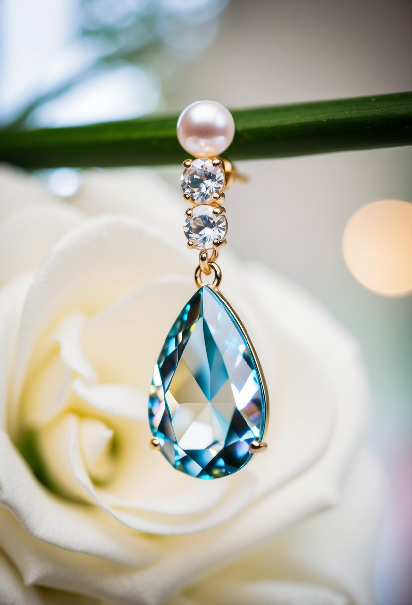 A sparkling teardrop crystal earring dangles from a delicate pearl stud, catching the light in a romantic wedding setting