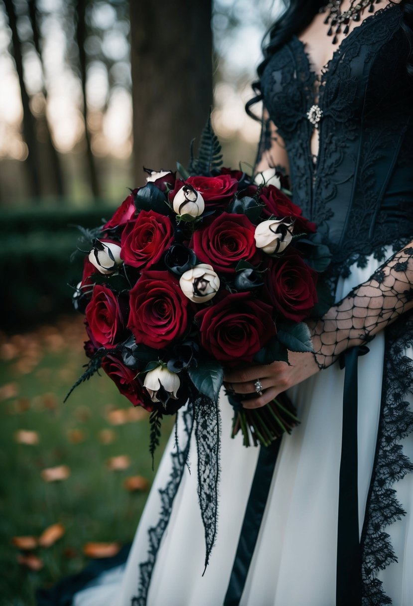 A gothic wedding dress adorned with a macabre rose bouquet, dark lace, and intricate details