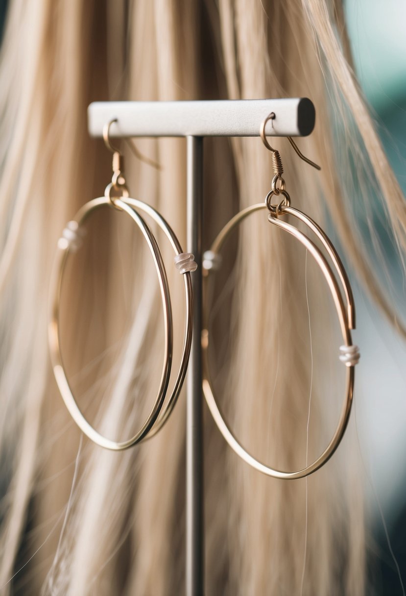 Two simple hoop earrings with a modern twist, dangling elegantly from a stand, surrounded by long, flowing strands of hair