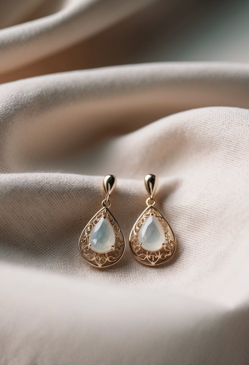 A pair of delicate teardrop-shaped earrings resting on a soft, pastel-colored fabric, with a gentle light casting a subtle shimmer on the intricate design